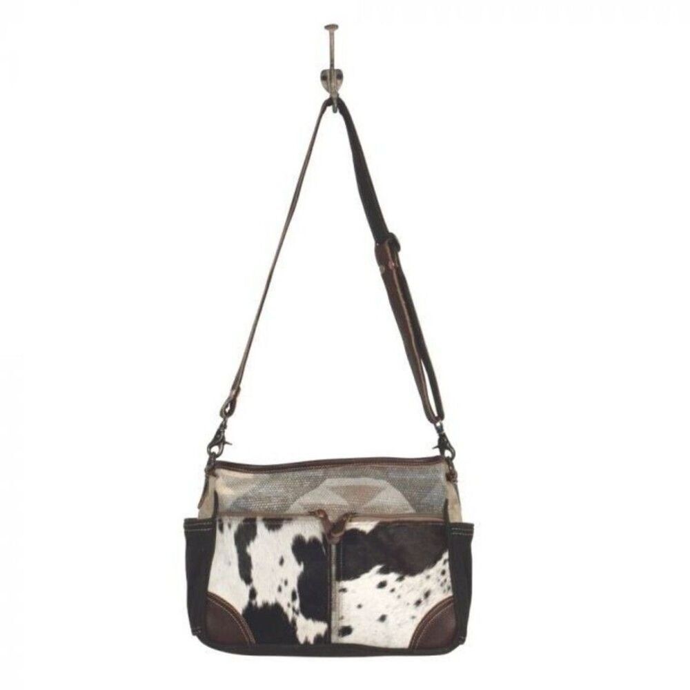 Myra Bag Handmade Bearish Messenger Bag Upcycled Canvas & Cowhide Leather - Picture 4 of 6